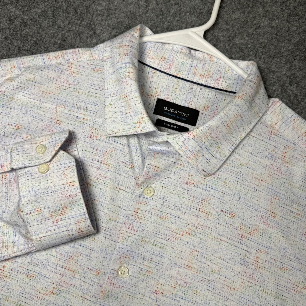 Bugatchi OoohCotton Tech Shirt Men 3XL White Multi Stretch Long Sleeve Button Up
